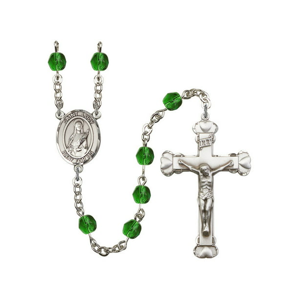 18-Inch Rhodium Plated Necklace with 6mm Sterling Silver Beads and Sterling Silver Saint Lucy Charm. 